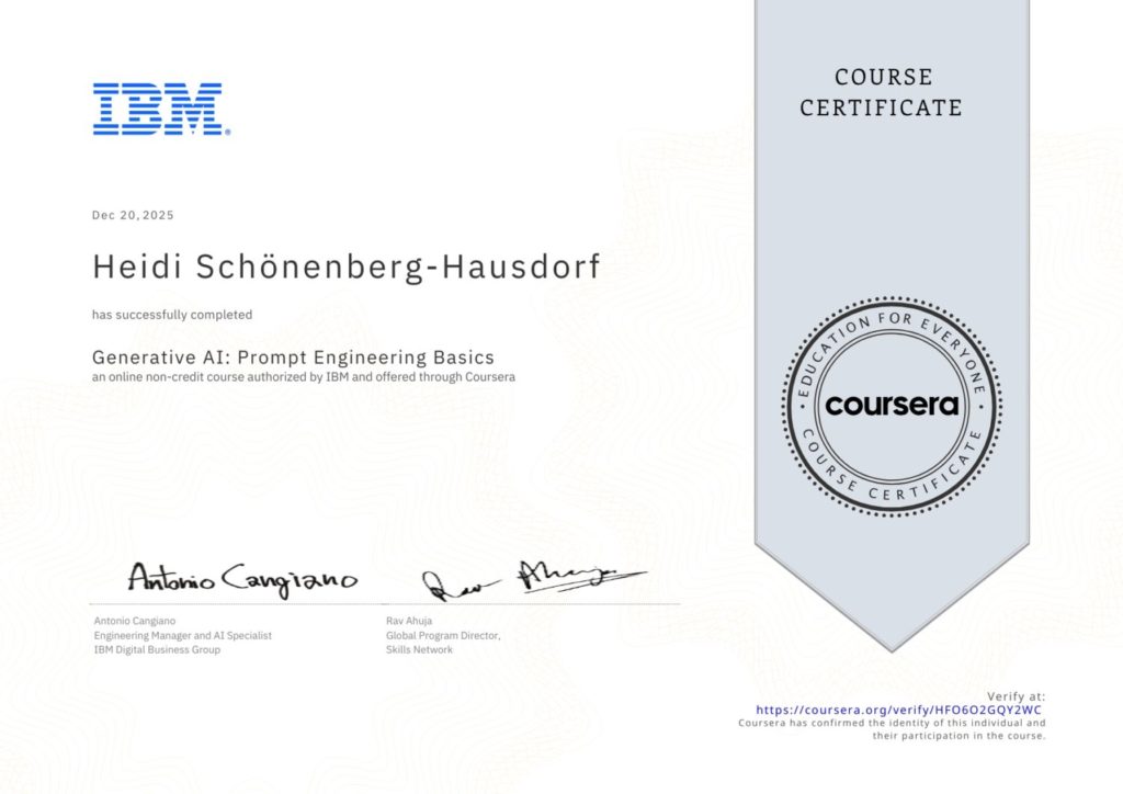 Heidi Schönenberg-Hausdorf: Zertifikat IBM – Generative AI: Prompt Engineering