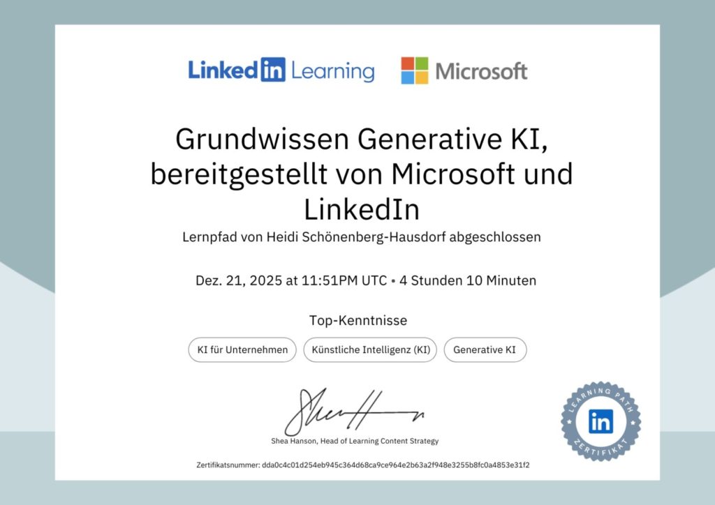 Heidi Schönenberg-Hausdorf: Microsoft und LinkedIn KI-Zertifikat - Grundlagen Generative KI