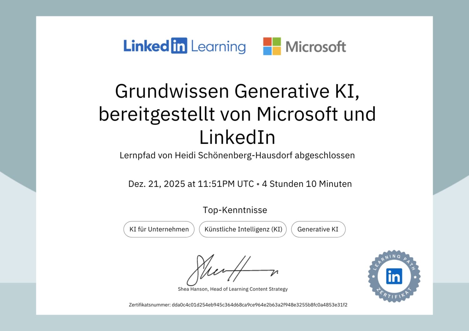 Microsoft und LinkedIn: Zertifikat Generative KI Heidi Schönenberg-Hausdorf