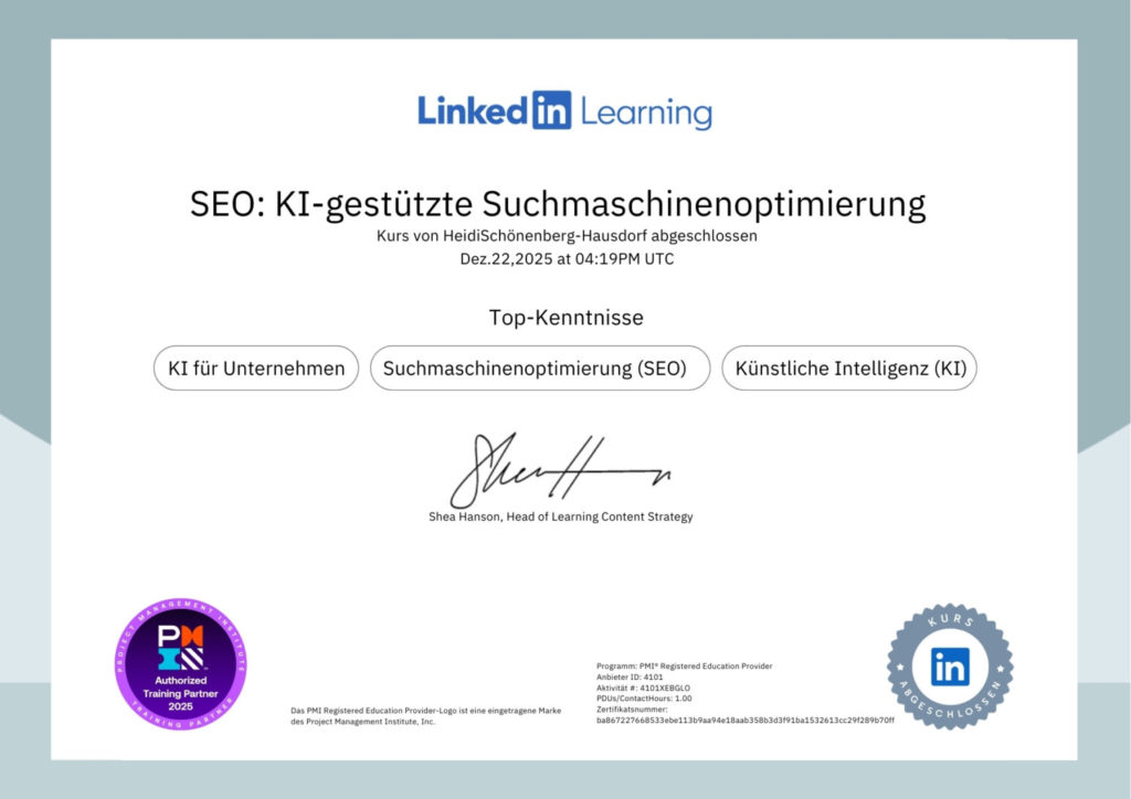 Heidi Schönenberg-Hausdorf: Zertifikat LinkedIn Learning - SEO KI-gestützte Suchmaschinenoptimierung