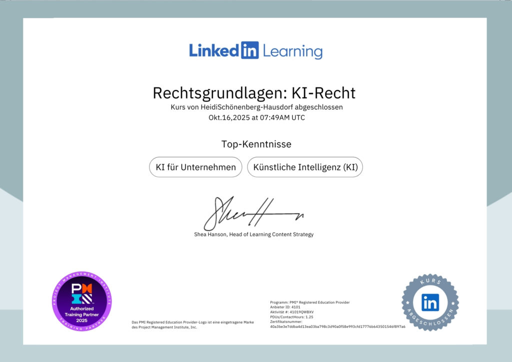 Heidi Schönenberg-Hausdorf: LinkedIn Learning - Zertifikat Rechtsgrundlagen KI-Recht