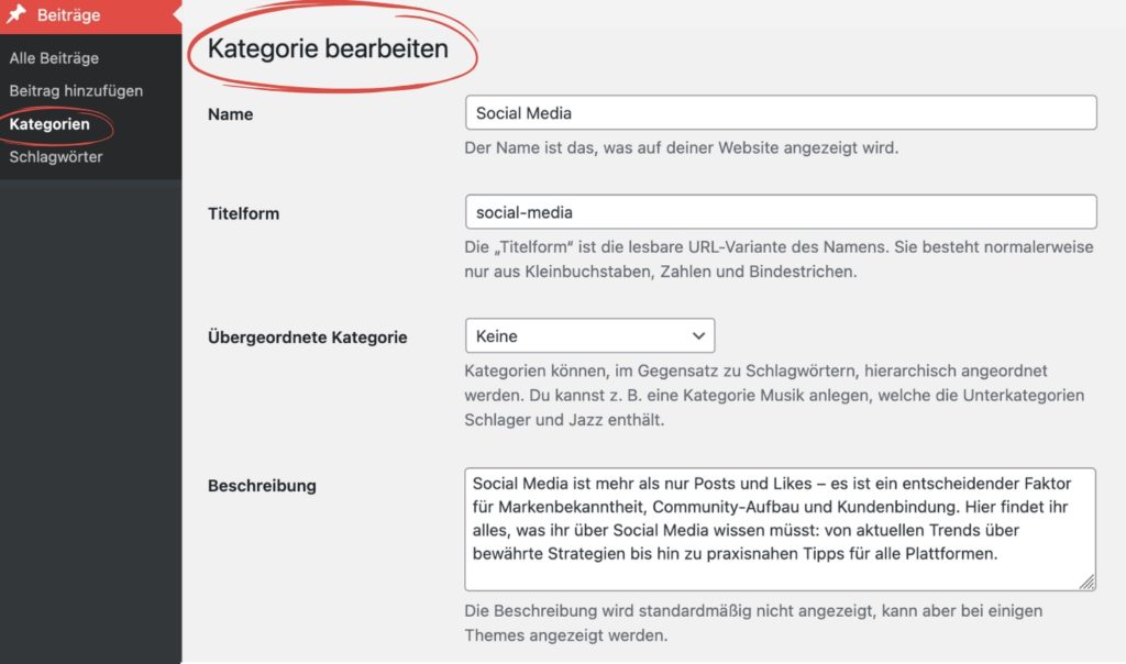 Wordpress Pillar Page aus Kategorie erstellen: In Backend die Kategorie anpassen mit Titelform und Beschreibung