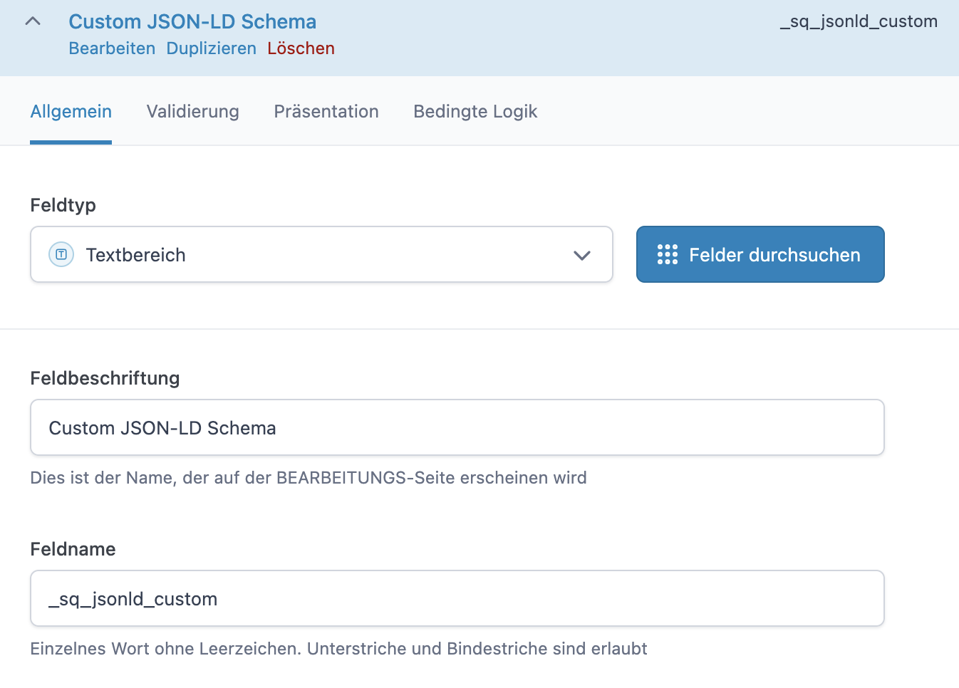 Screenshot ACF - Einrichtung für Custom Schema Markup