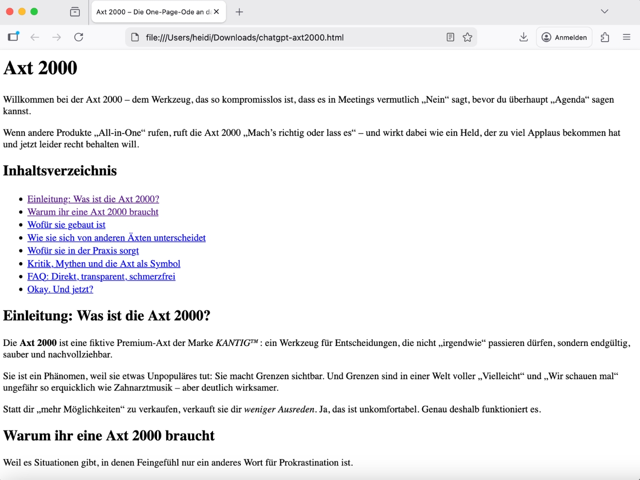 Test HTML-Code als Seite beim Vergleich der KI-Modell: ChatGPT