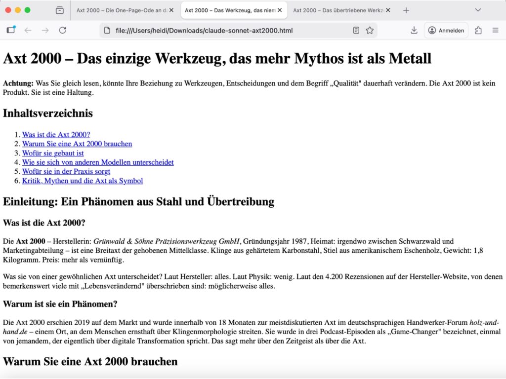 Test HTML-Code als Seite beim Vergleich der KI-Modell: Claude