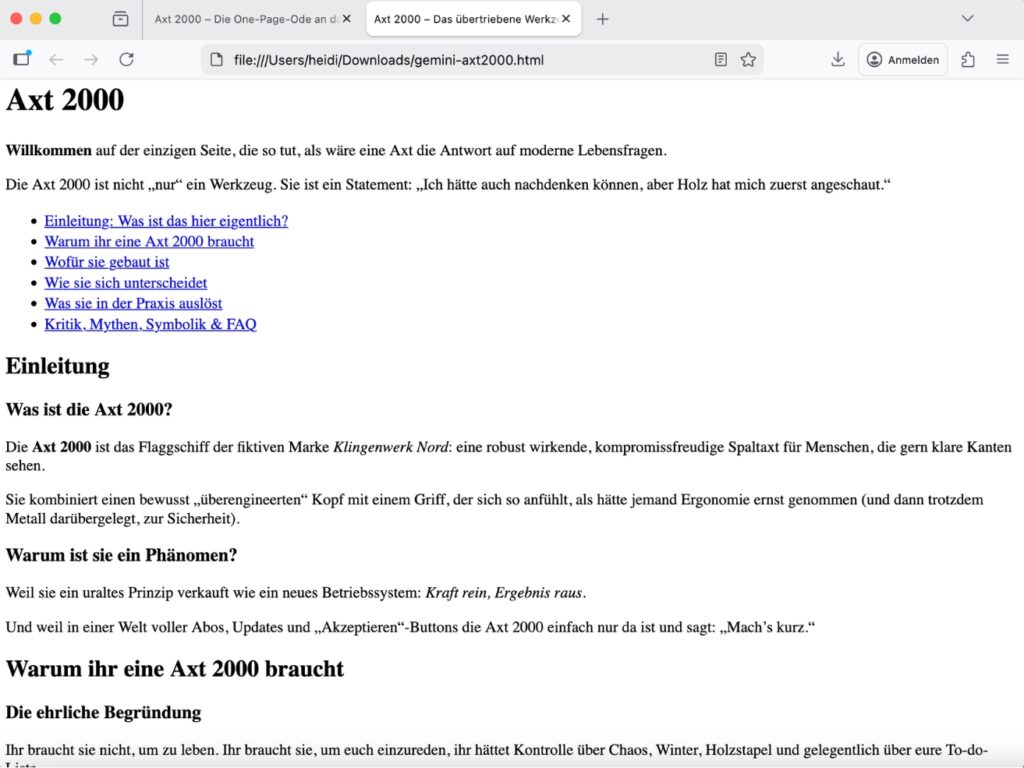 Test HTML-Code als Seite beim Vergleich der KI-Modell: Gemini