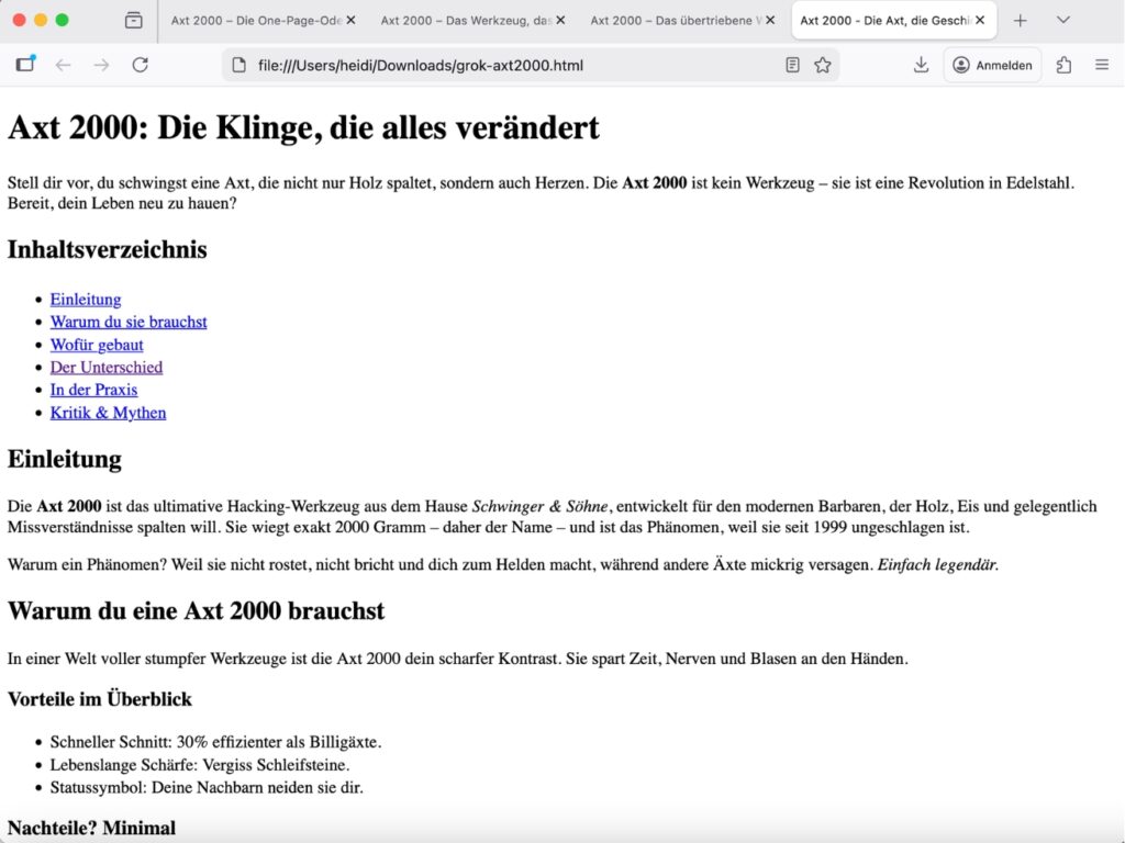 Test HTML-Code als Seite beim Vergleich der KI-Modell: Grok