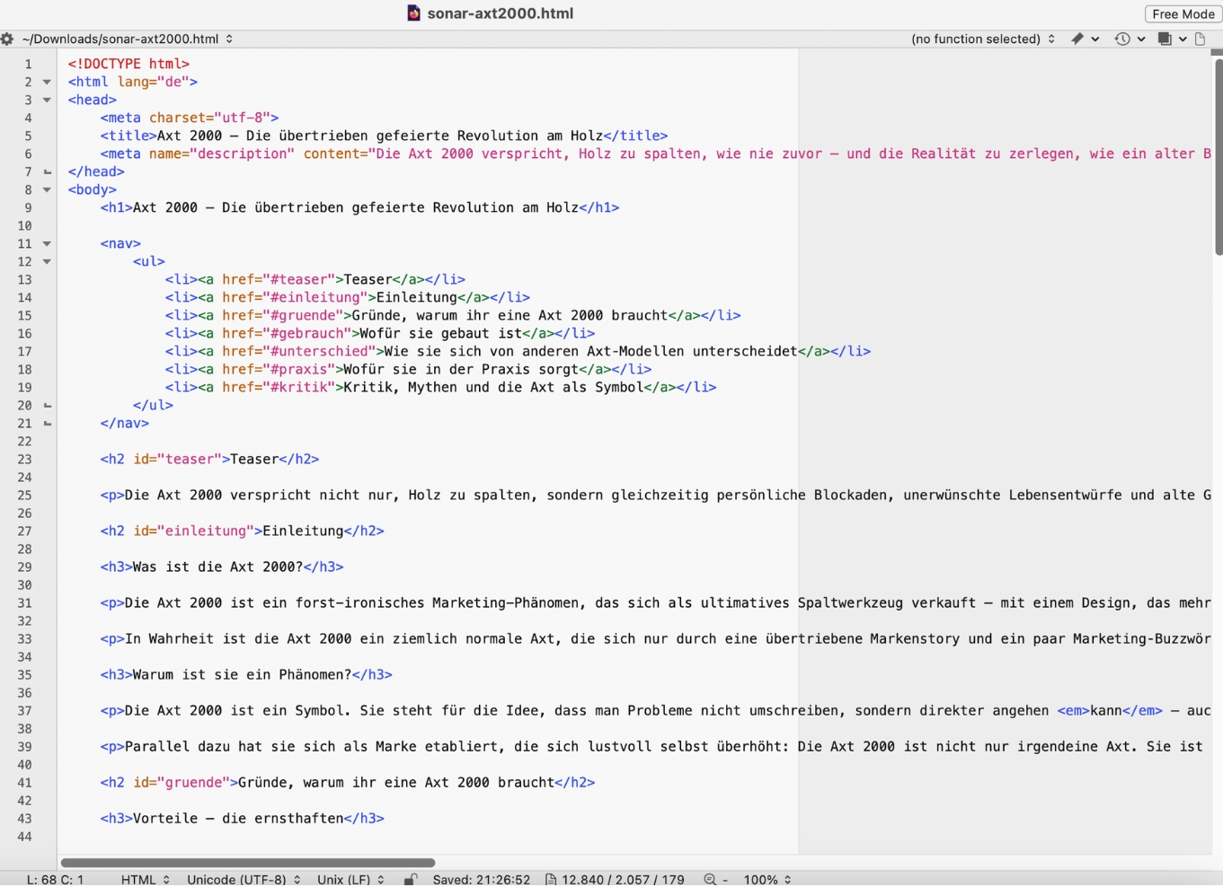 Vergleich: KI-Modelle HTML-Code - Sonar