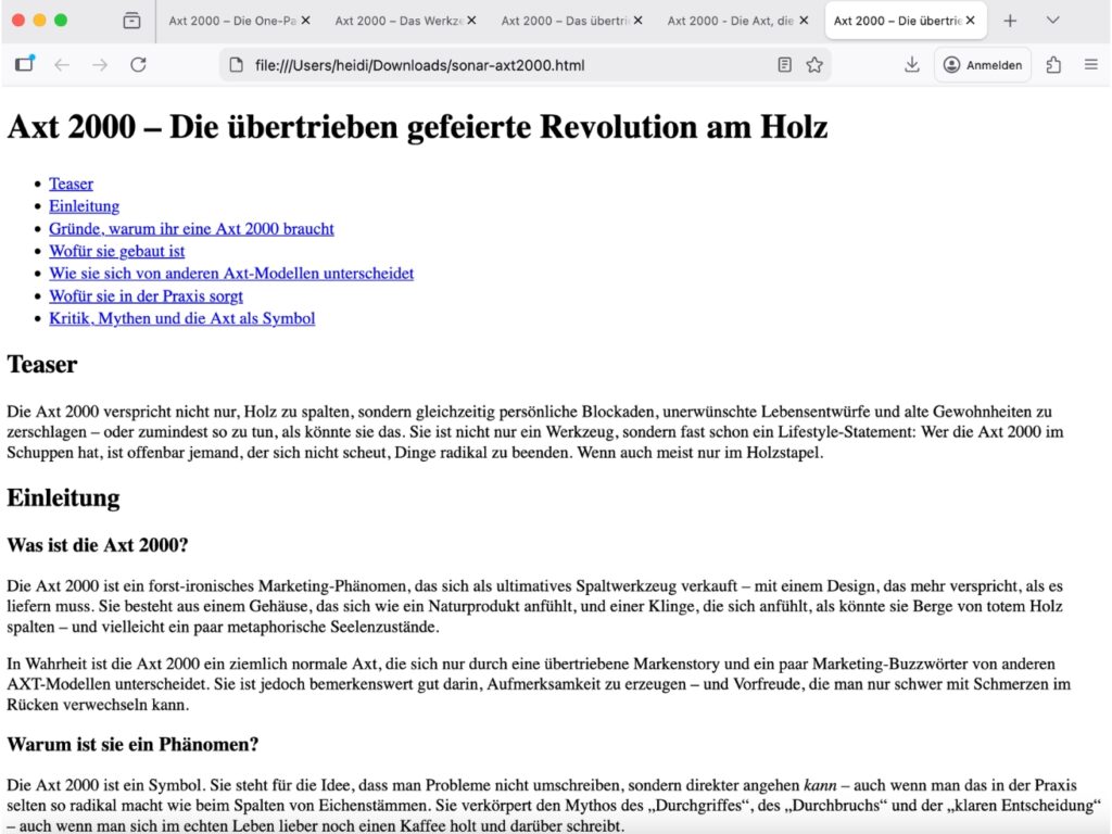 Test HTML-Code als Seite beim Vergleich der KI-Modell: Sonar