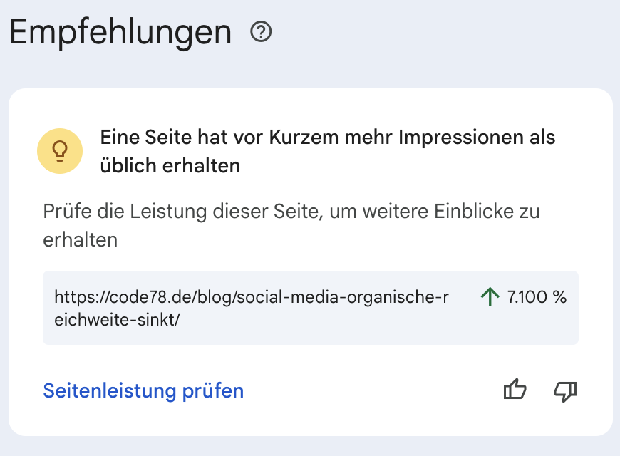 SEO Case Study code78: Screenshot aus der Google Seach Console. 7100 % mehr Impressionen auf den Artikel