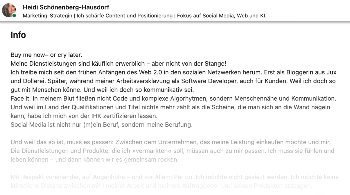 LinkedIn Profil für 360Brew optimieren: Der Info-Bereich