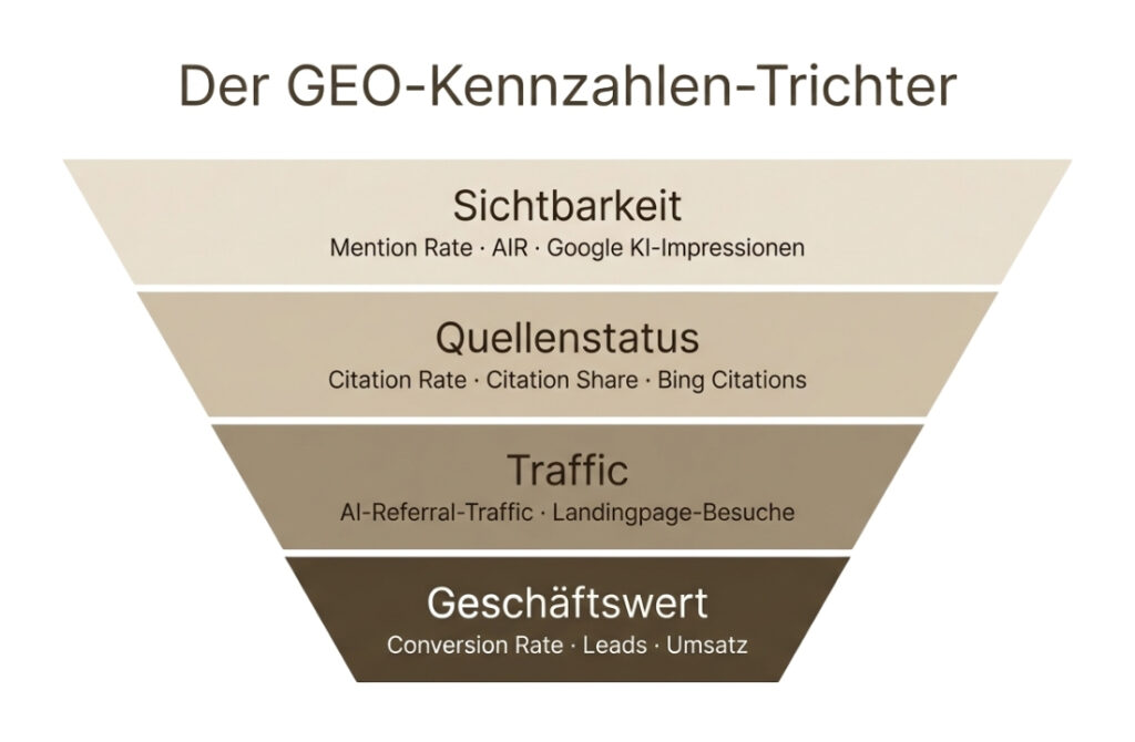GEO Metriken Trichter: Sichtbarkeit, Quelle, Traffic und Geschäftswert